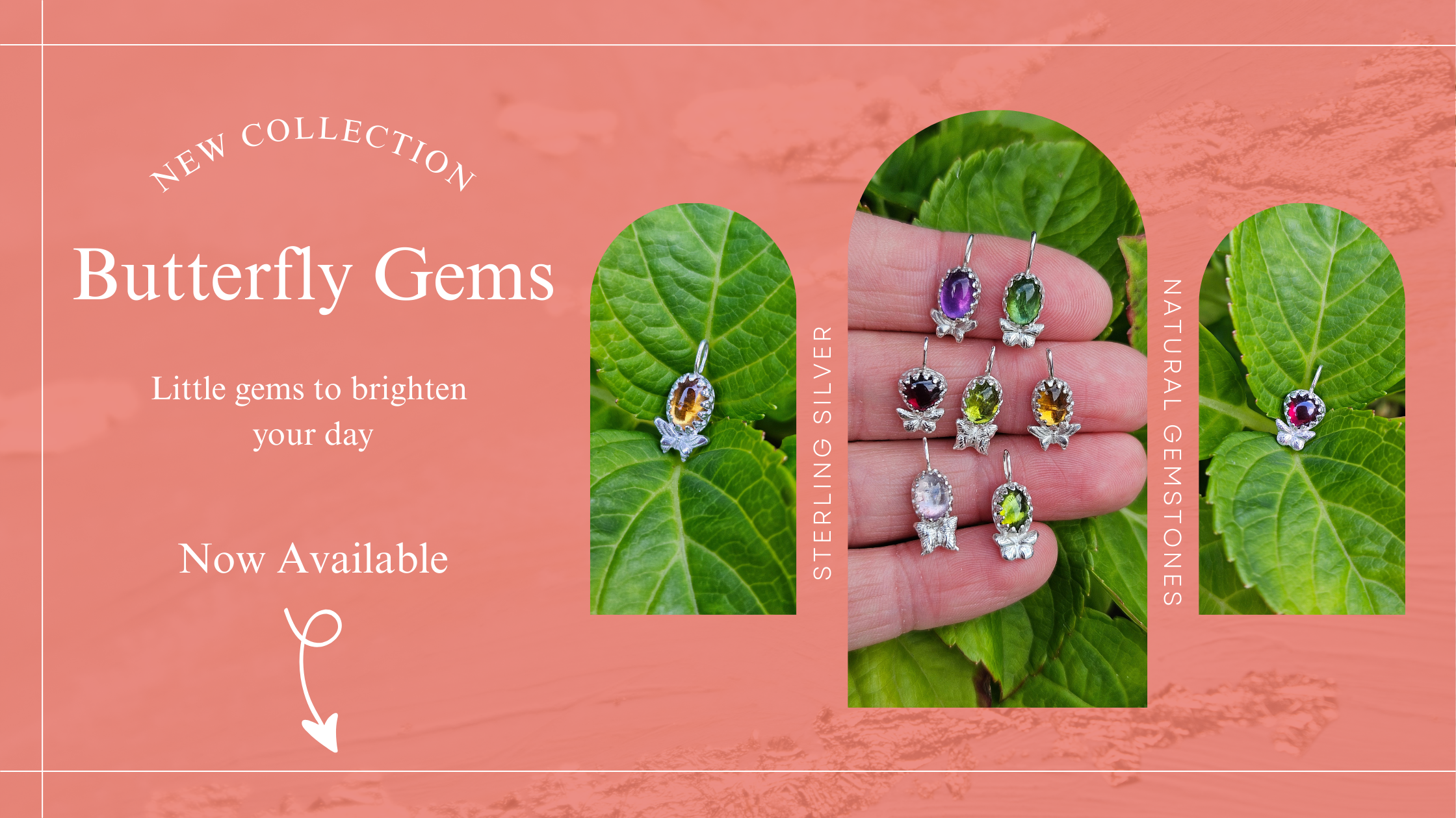 Jewelry collection with 'Butterfly Gems' on a pink background with green leaves.