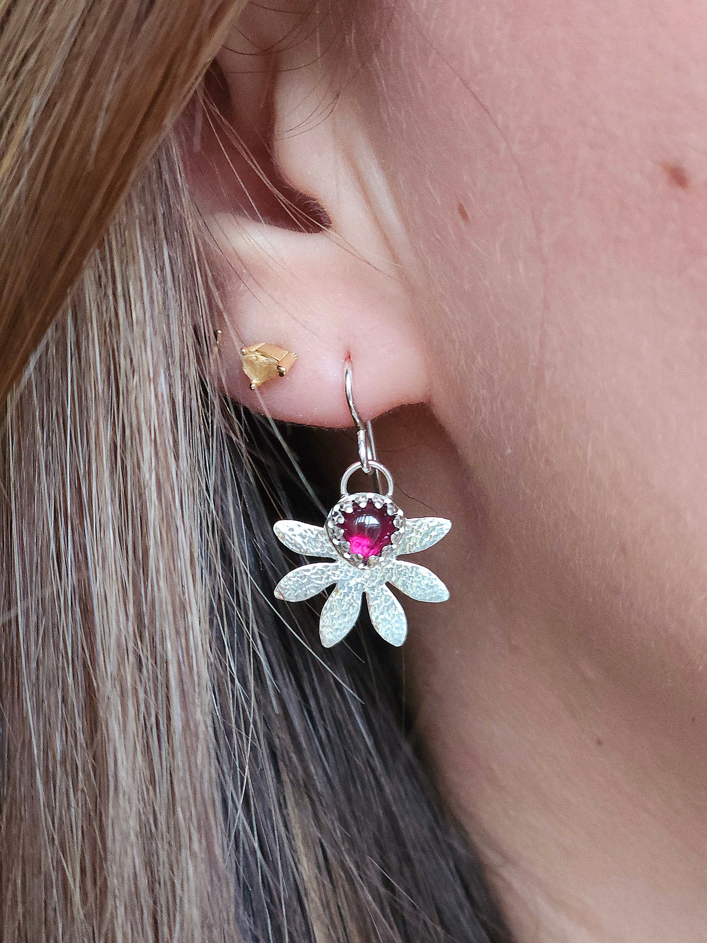 Rhodolite hammered flower dangle earrings