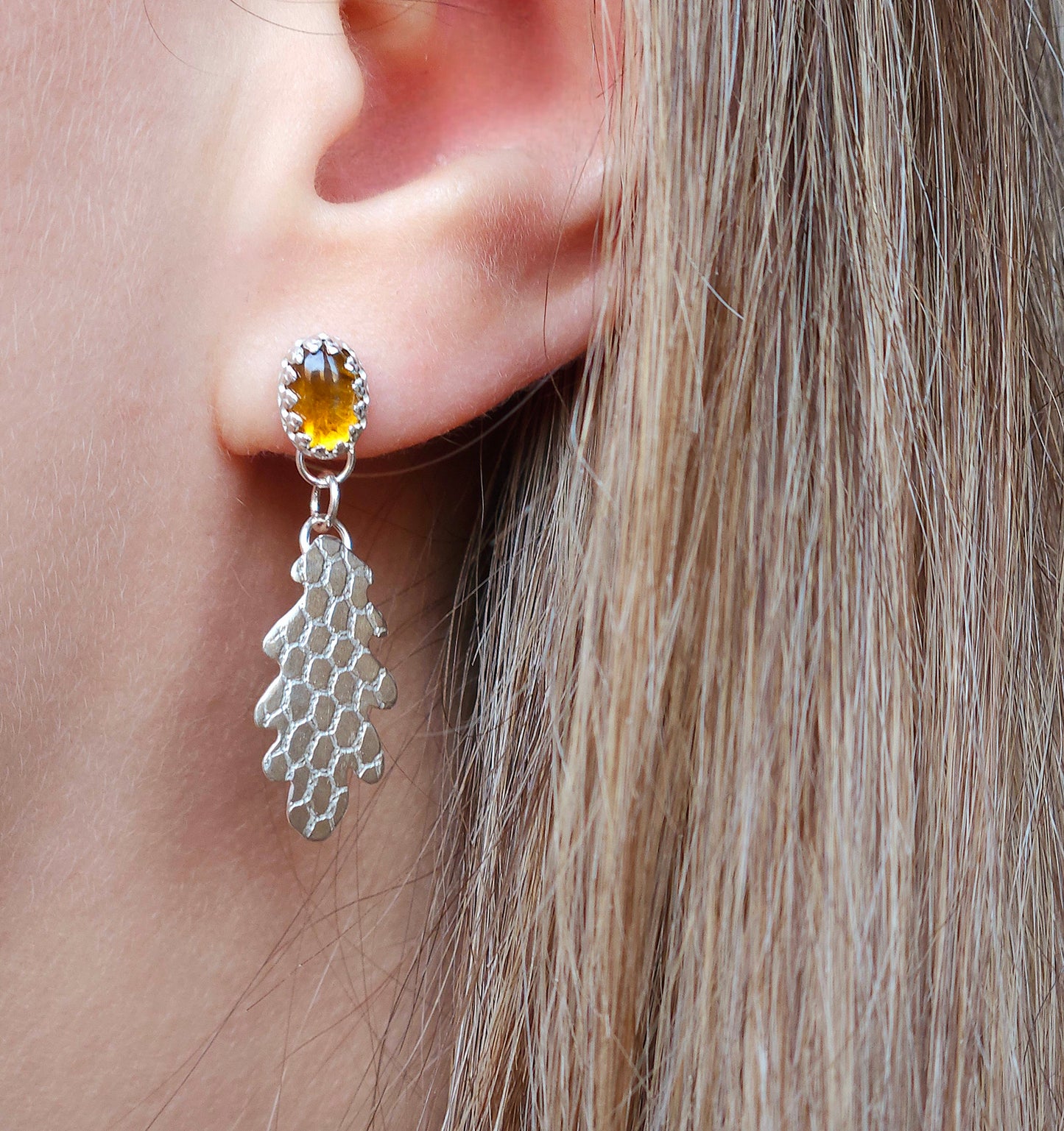 Golden Tourmaline honeycomb leaf earrings
