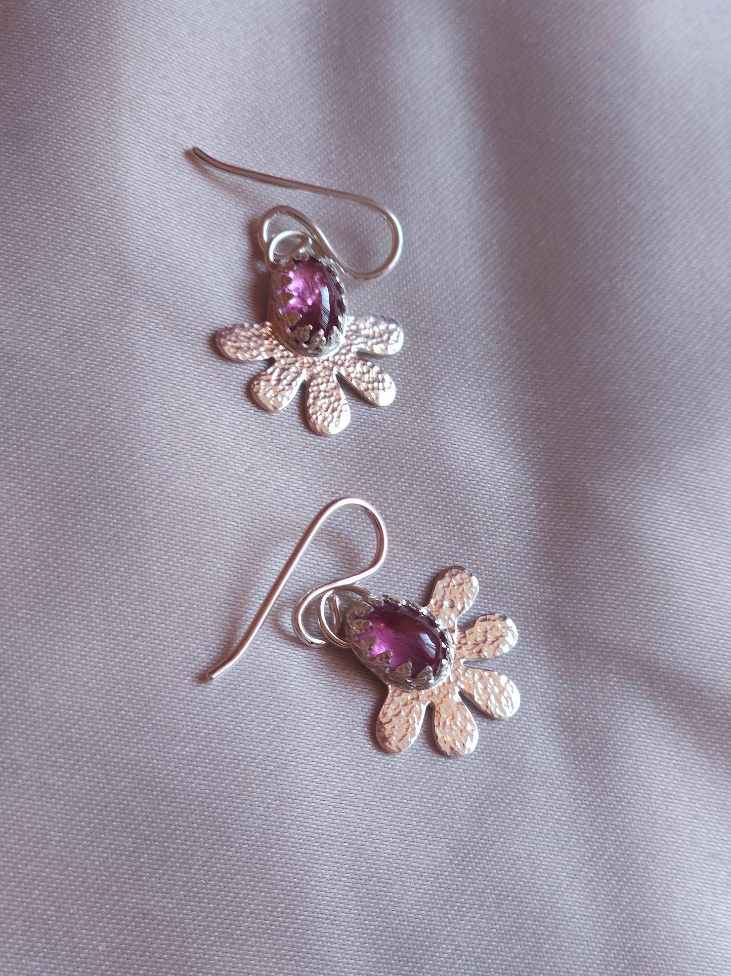 Pink Tourmaline hammered flower dangle earrings