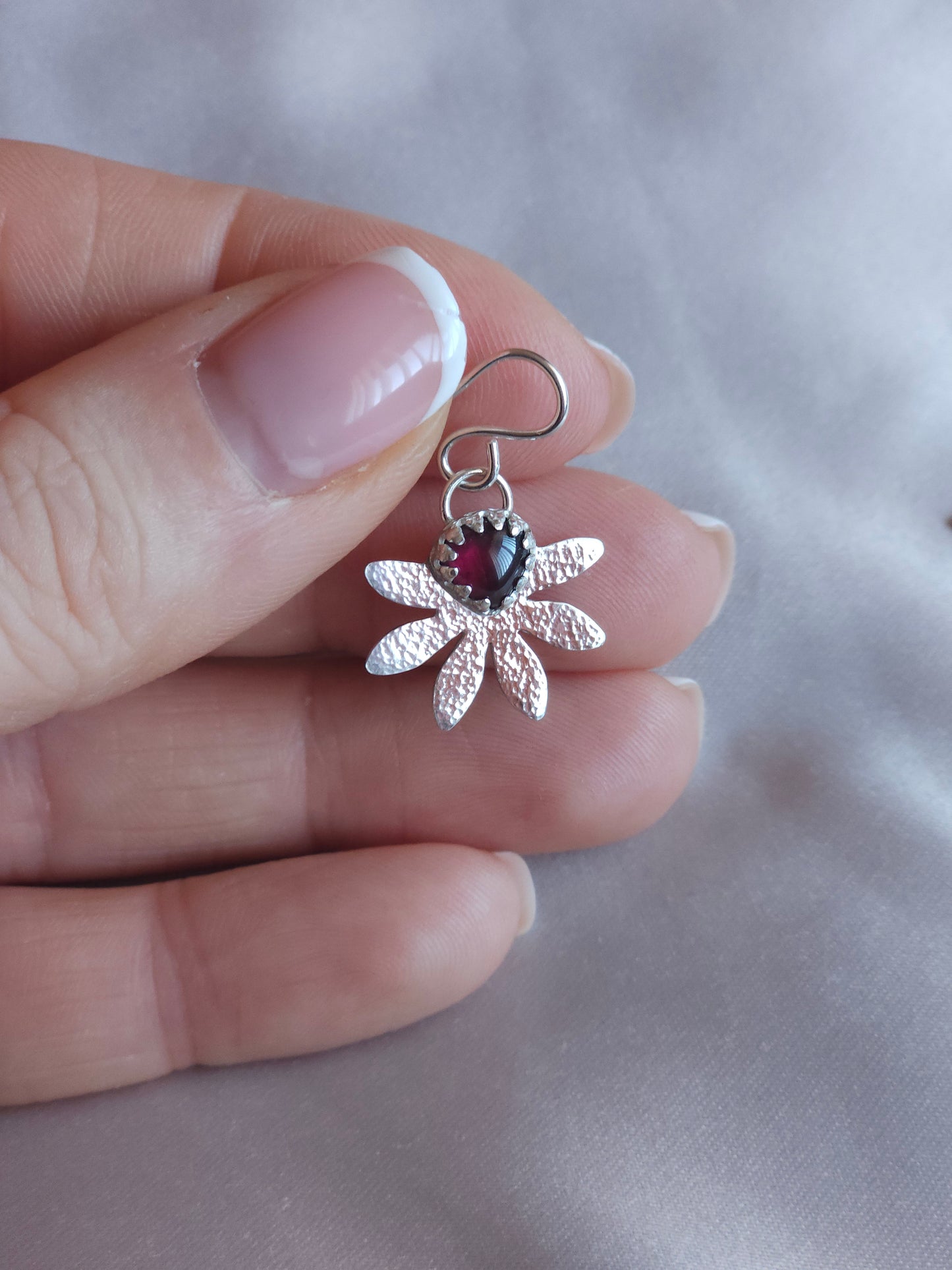 Rhodolite hammered flower dangle earrings
