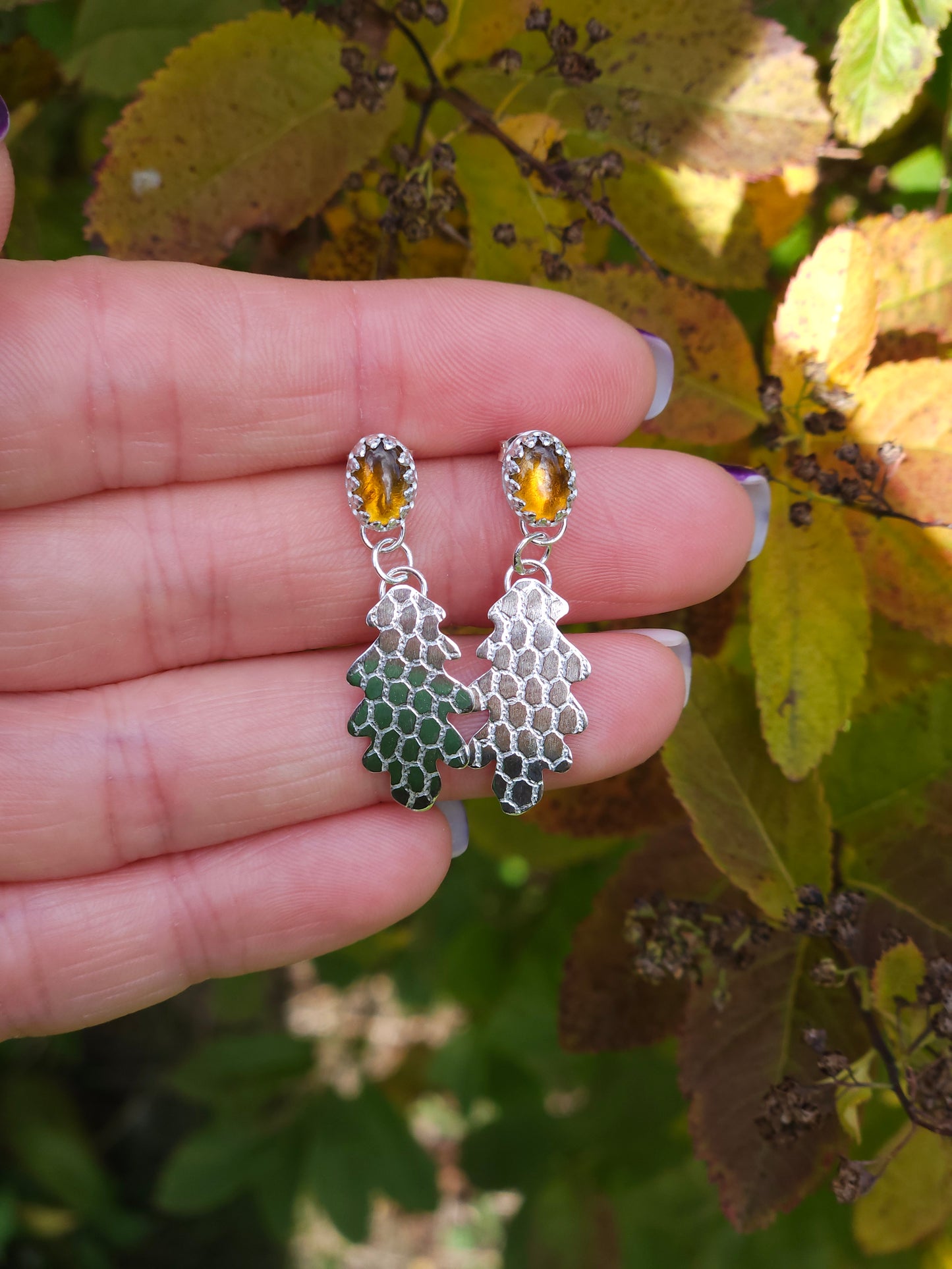 Golden Tourmaline honeycomb leaf earrings