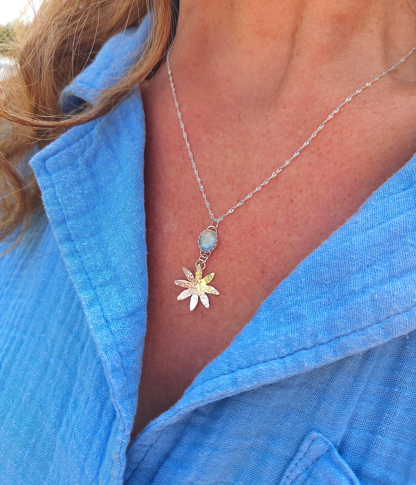 Aquamarine flower drop necklace