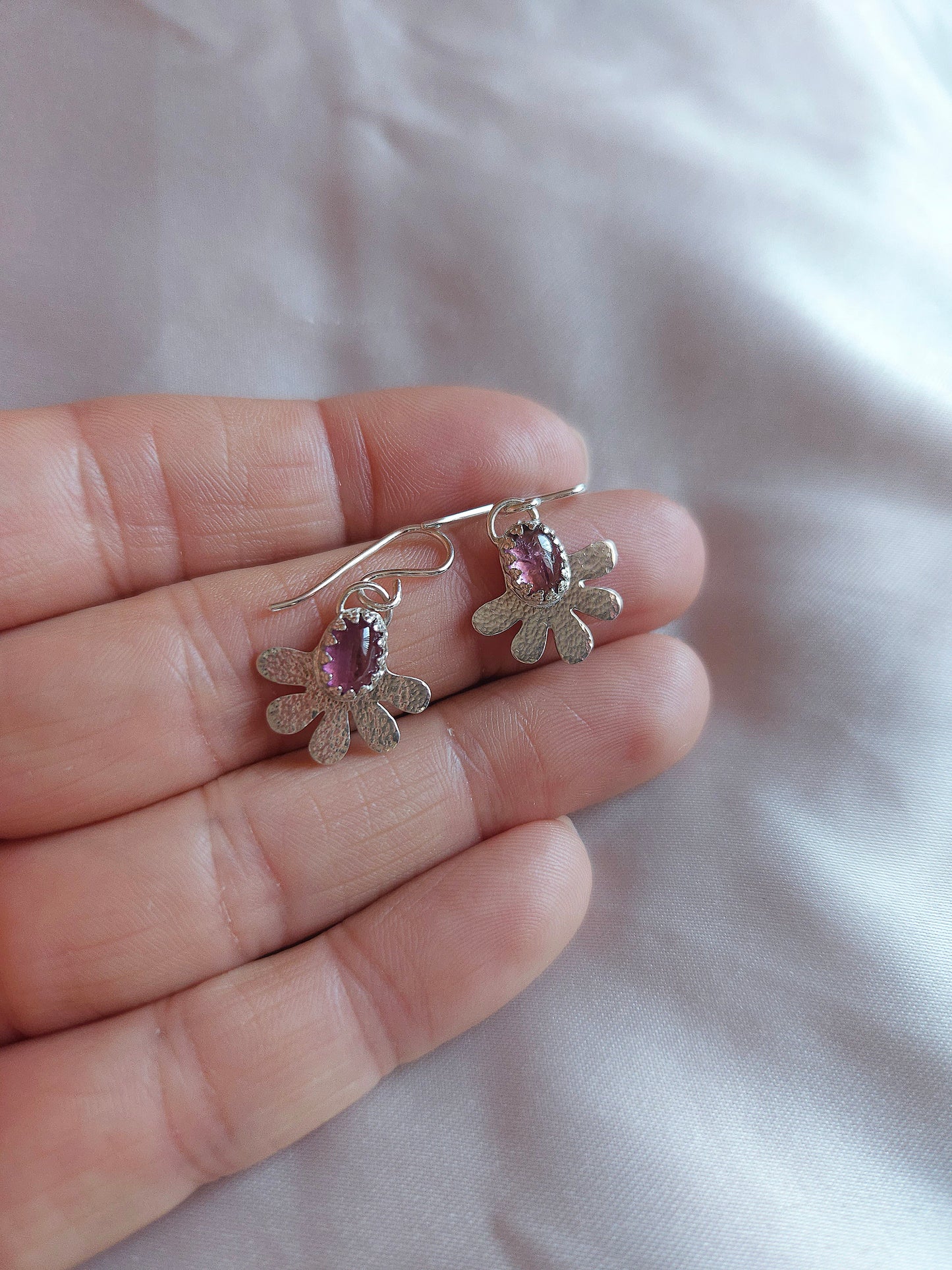 Pink Tourmaline hammered flower dangle earrings