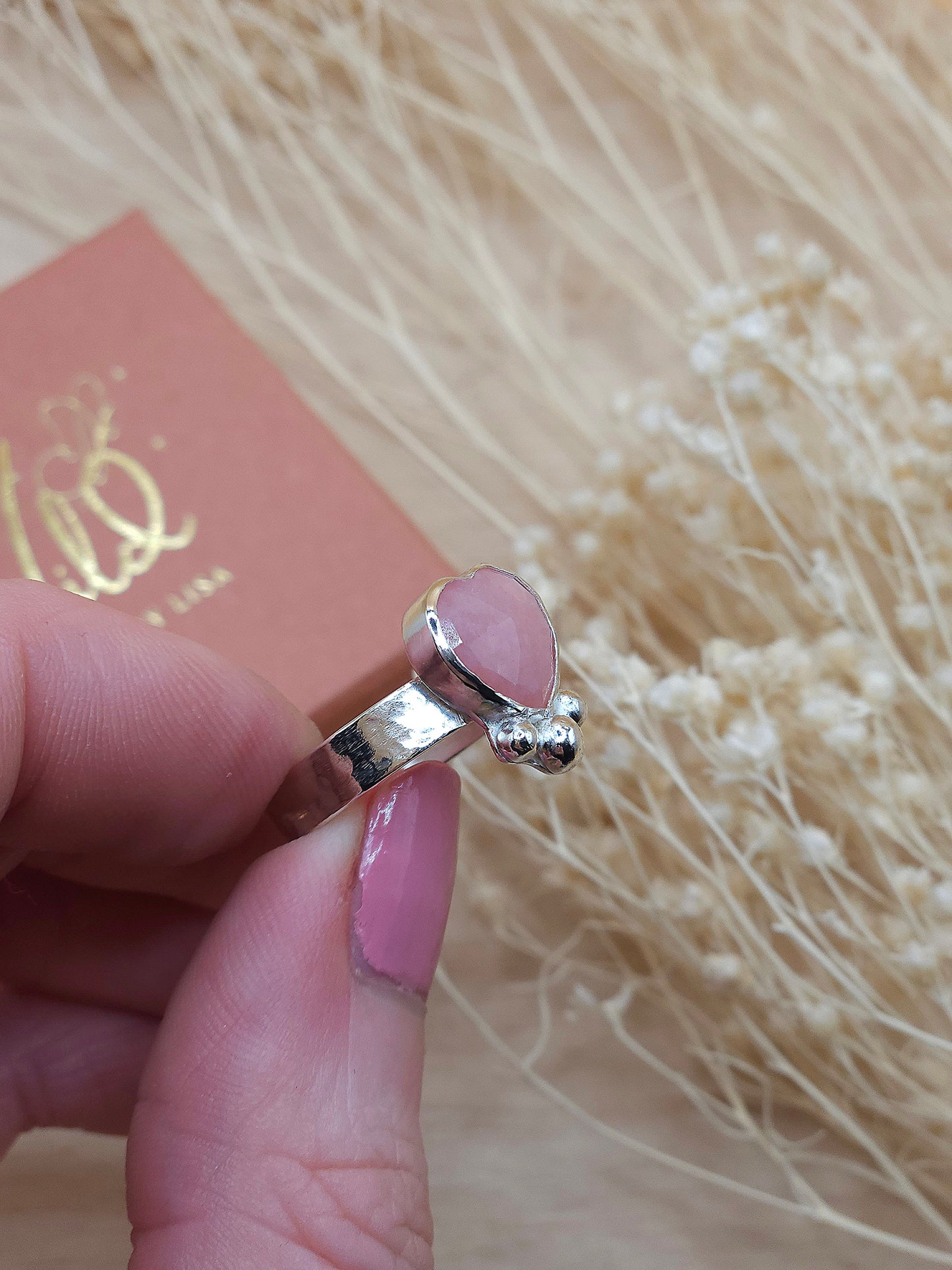Pink Opal Heart Ring - Size N