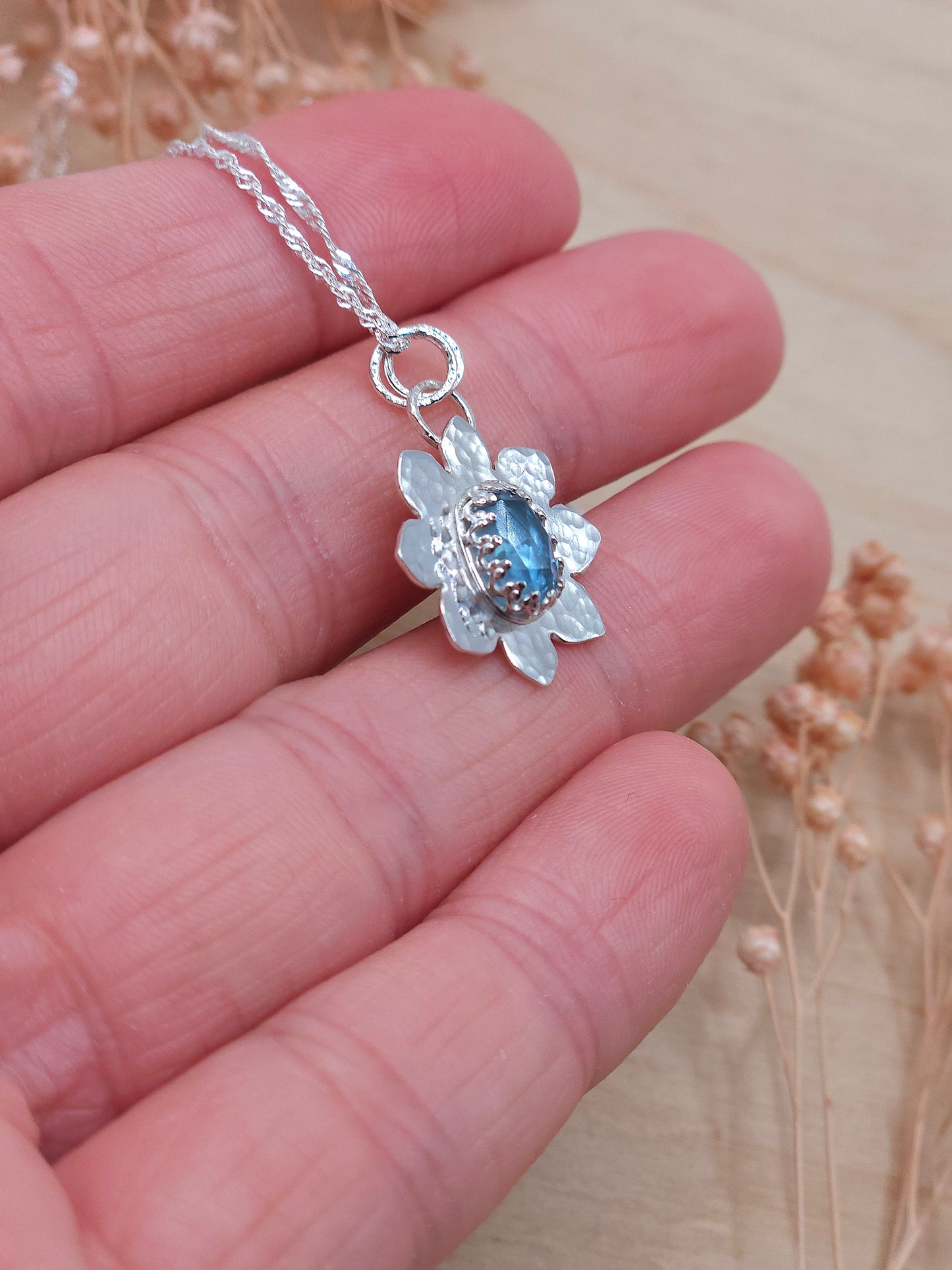 Hammered Aquamarine flower necklace