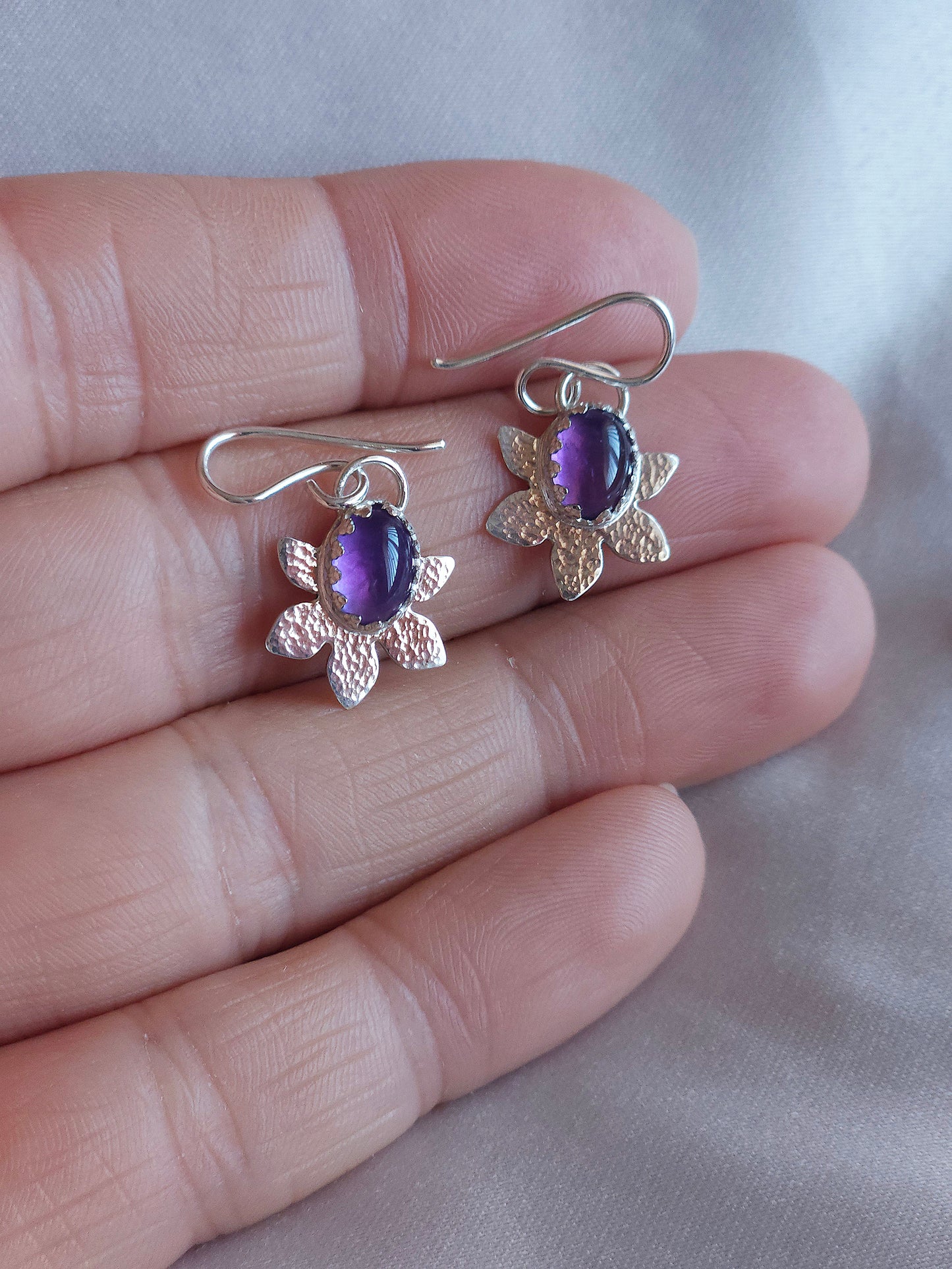 Amethyst hammered flower dangle earrings