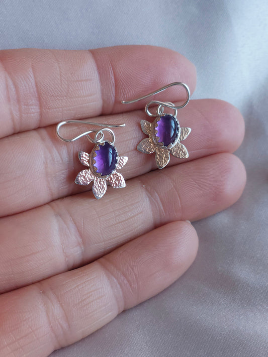 Amethyst hammered flower dangle earrings