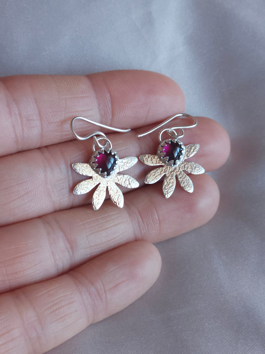 Rhodolite hammered flower dangle earrings