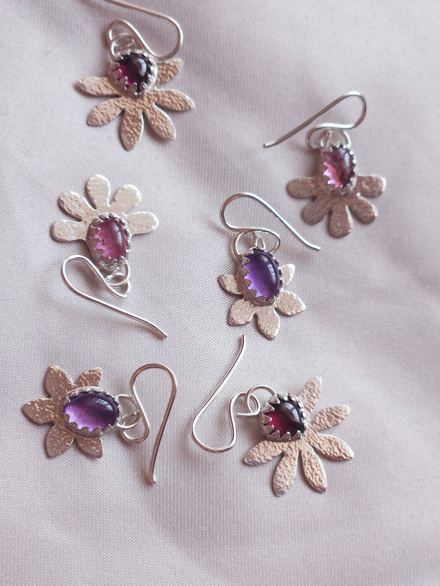 Pink Tourmaline hammered flower dangle earrings
