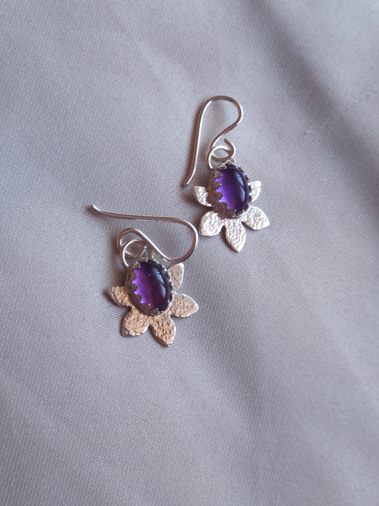 Amethyst hammered flower dangle earrings