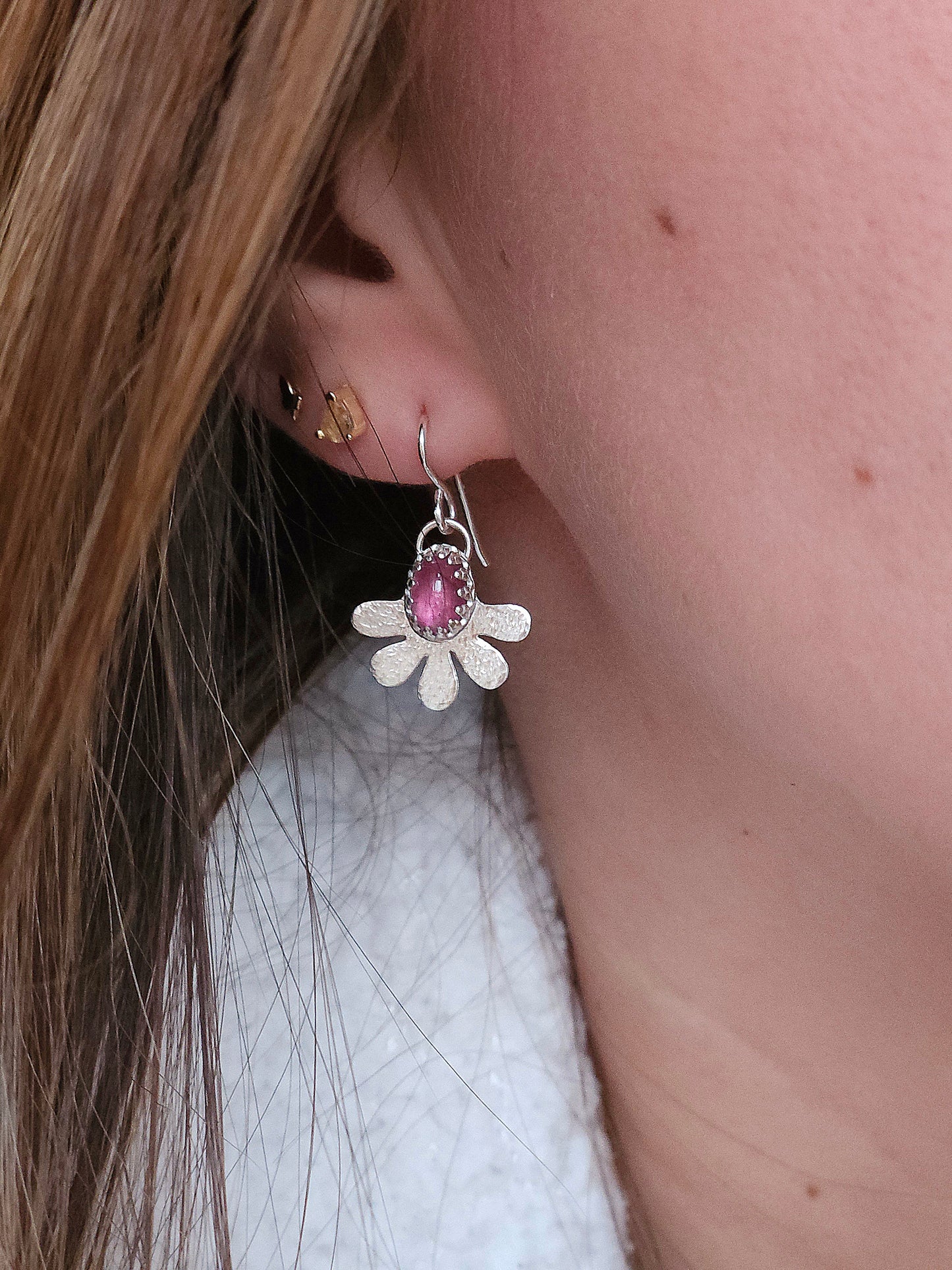 Pink Tourmaline hammered flower dangle earrings