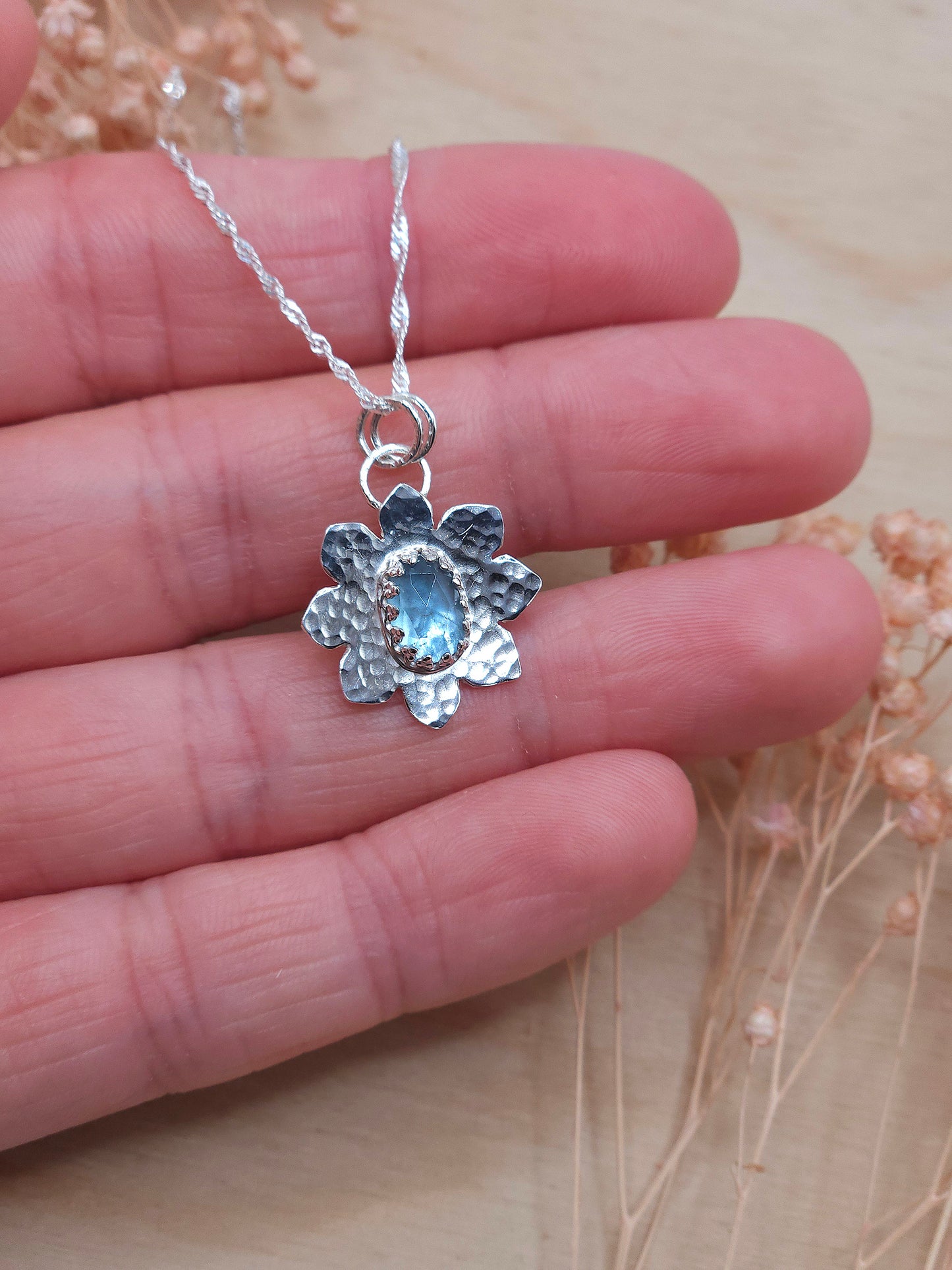 Hammered Aquamarine flower necklace