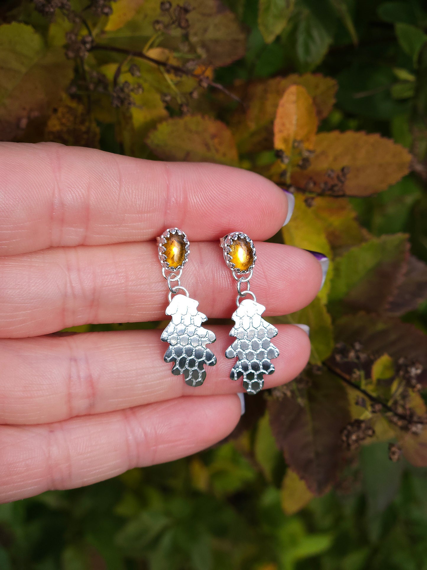 Golden Tourmaline honeycomb leaf earrings