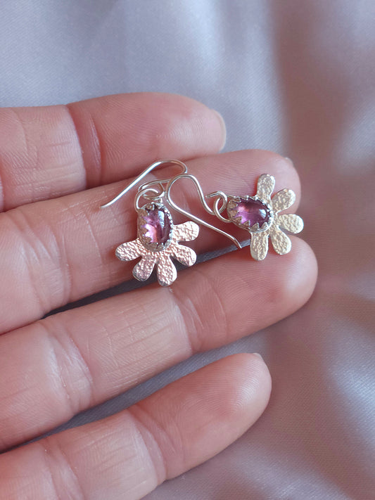 Pink Tourmaline hammered flower dangle earrings
