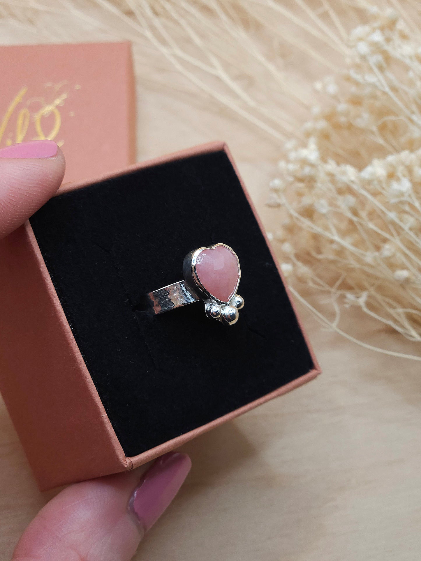 Pink Opal Heart Ring - Size N