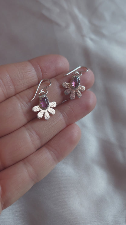 Pink Tourmaline hammered flower dangle earrings