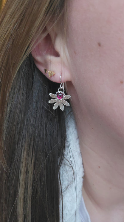 Rhodolite hammered flower dangle earrings