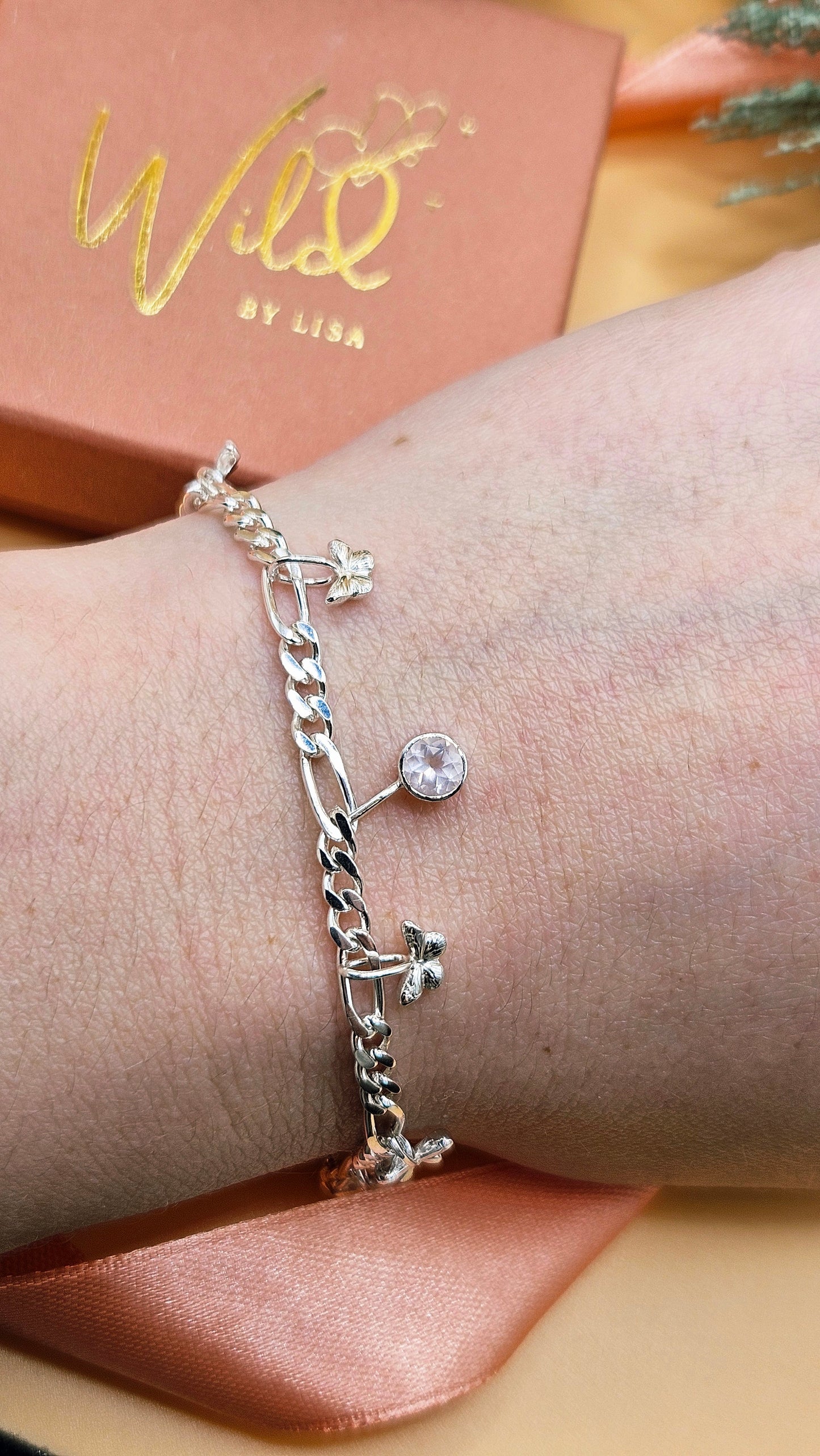 Rose Quartz butterfly charm bracelet