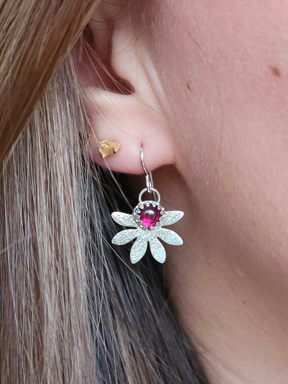 Rhodolite hammered flower dangle earrings