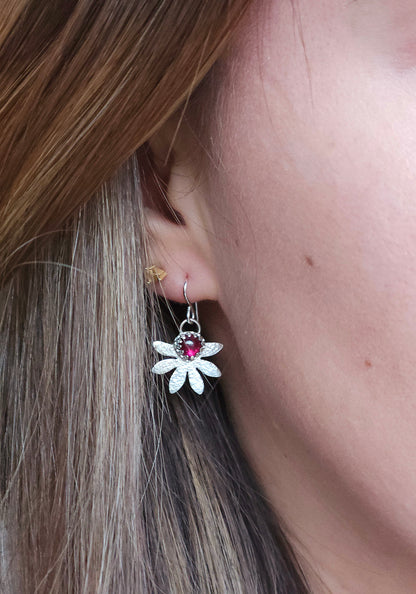 Rhodolite hammered flower dangle earrings