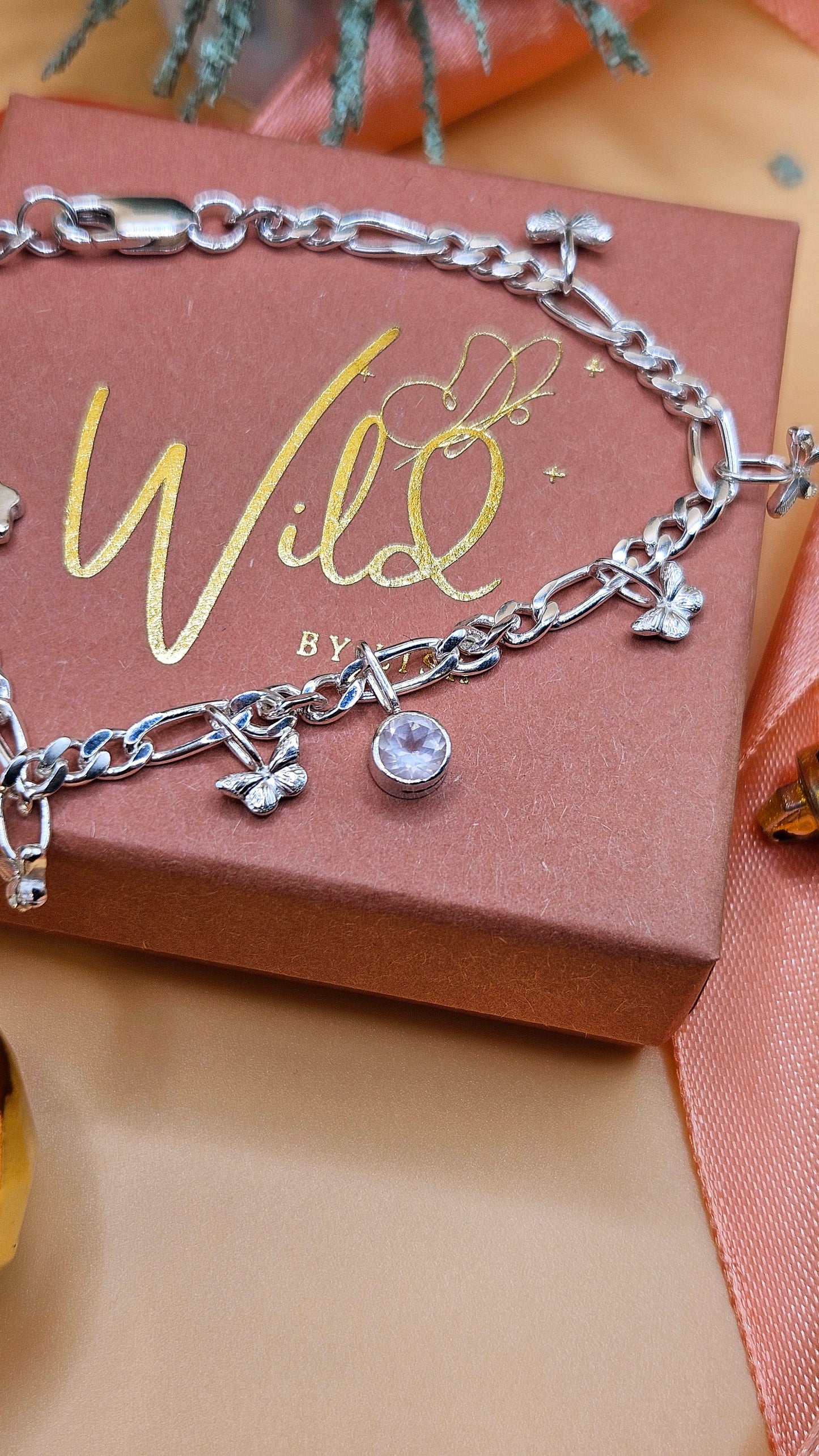 Rose Quartz butterfly charm bracelet