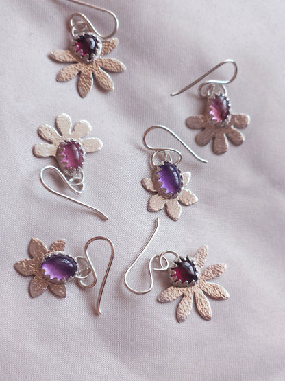 Pink Tourmaline hammered flower dangle earrings