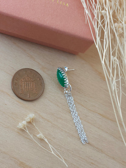 A single silver chain dangle earring with green aventurine gemstone lay next to a one pence coin to show the size.